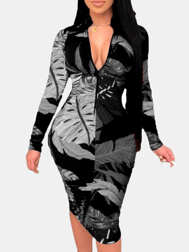 Women Plant Leaves Print Long Sleeve Zipper Elegant Midi Dress - MRSLM