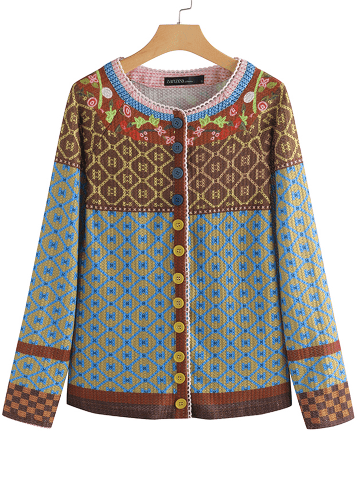 Ethnic Print Patchwork Long Sleeve Cardigans for Women