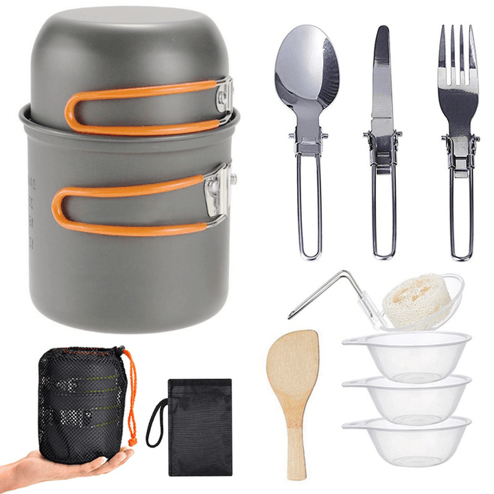 Ipree¬Æ 12Pcs/Set Camping Cookware Set Stainless Steel Portable Set of Pots and Pans Outdoor Camping Cutlery - MRSLM