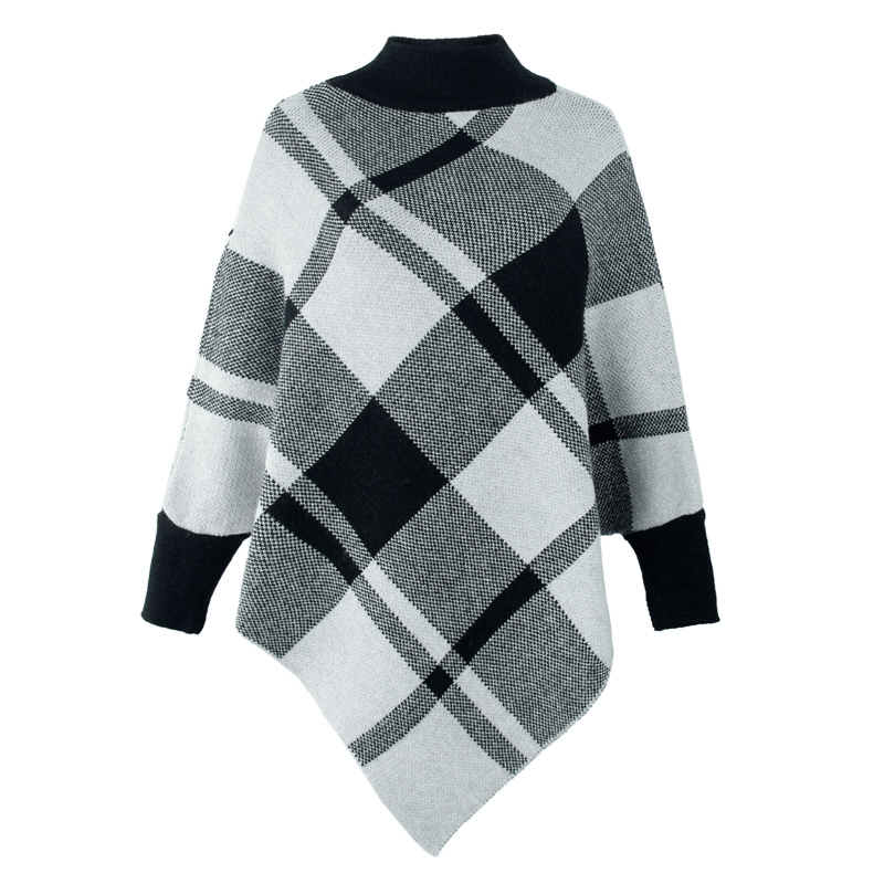 Color Block Check Cape Bat Sleeve Pullover Knit Shawl