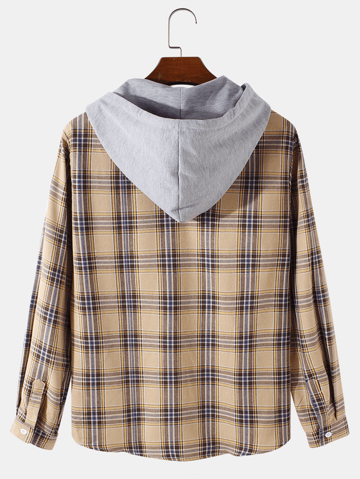 Mens Plaid Print Long Sleeve Button up Hooded Jacket