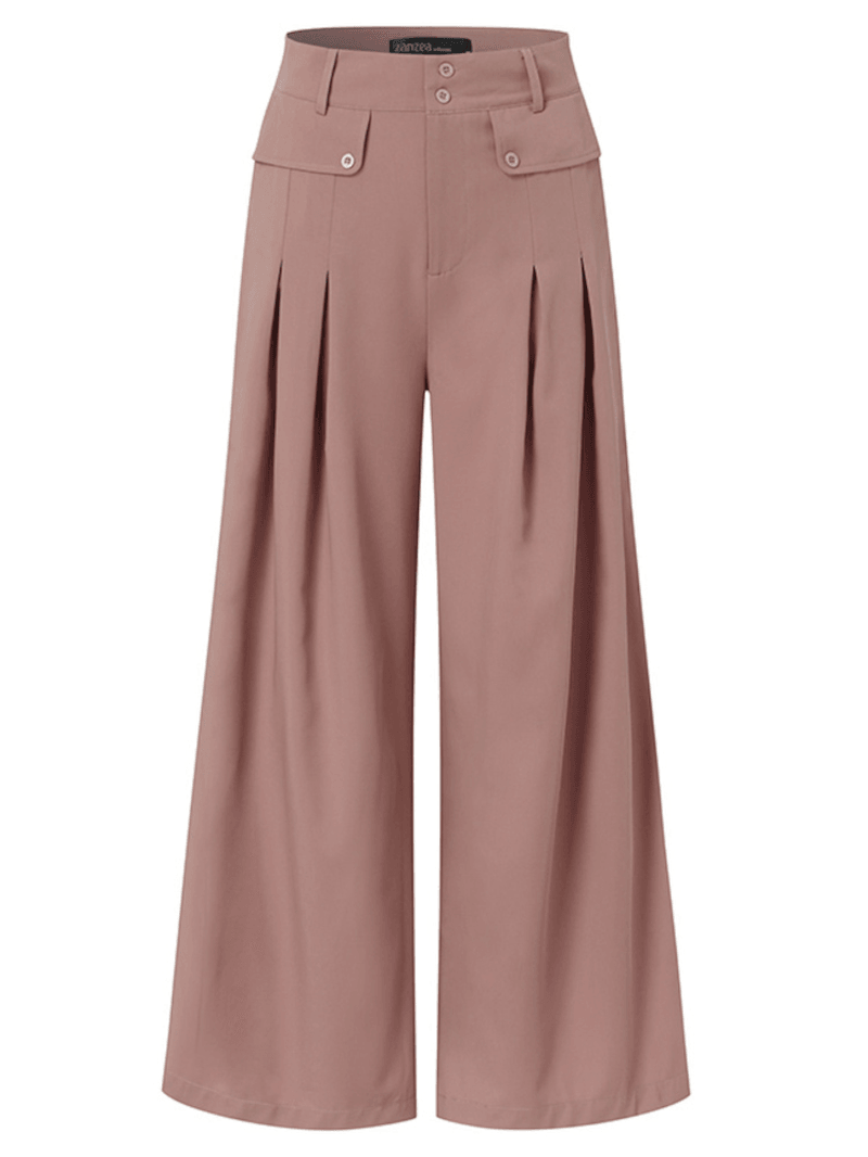 Women Solid Color Button Casual Loose Wide Leg Pants with Pocket