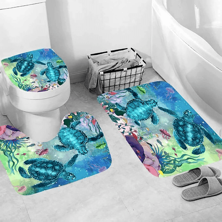 Blue Sea Turtle Shower Curtain 12 Hooks Bathroom Mat Toilet Cover Rug Decor