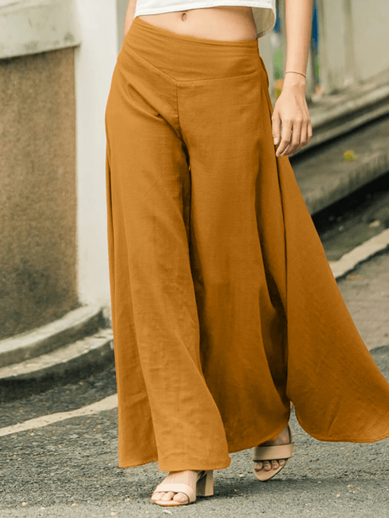 Women High Elastic Waist Solid Color Wide Leg Pants