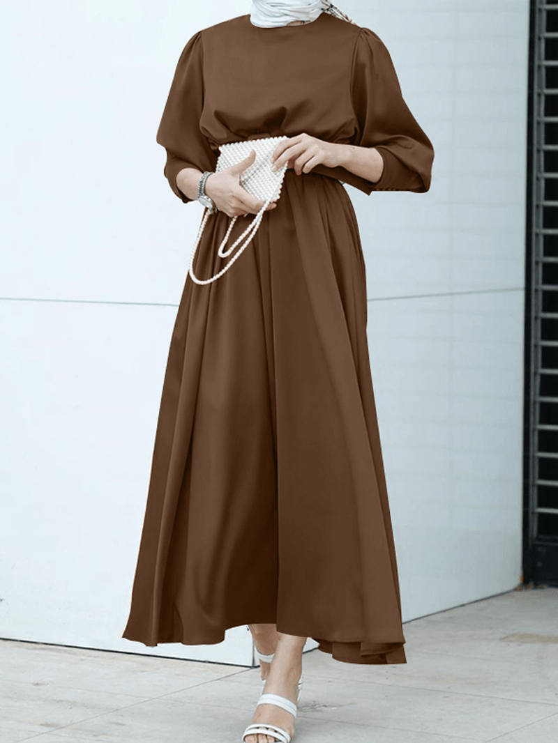 Women Pure Color Lace up Puff Sleeve Casual Kaftan Maxi Dresses - MRSLM