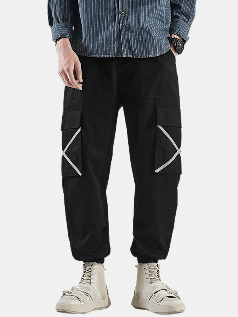 Mens Side X Ribbon Cotton Elastic Ankle Drawstring Cargo Jogger Pants