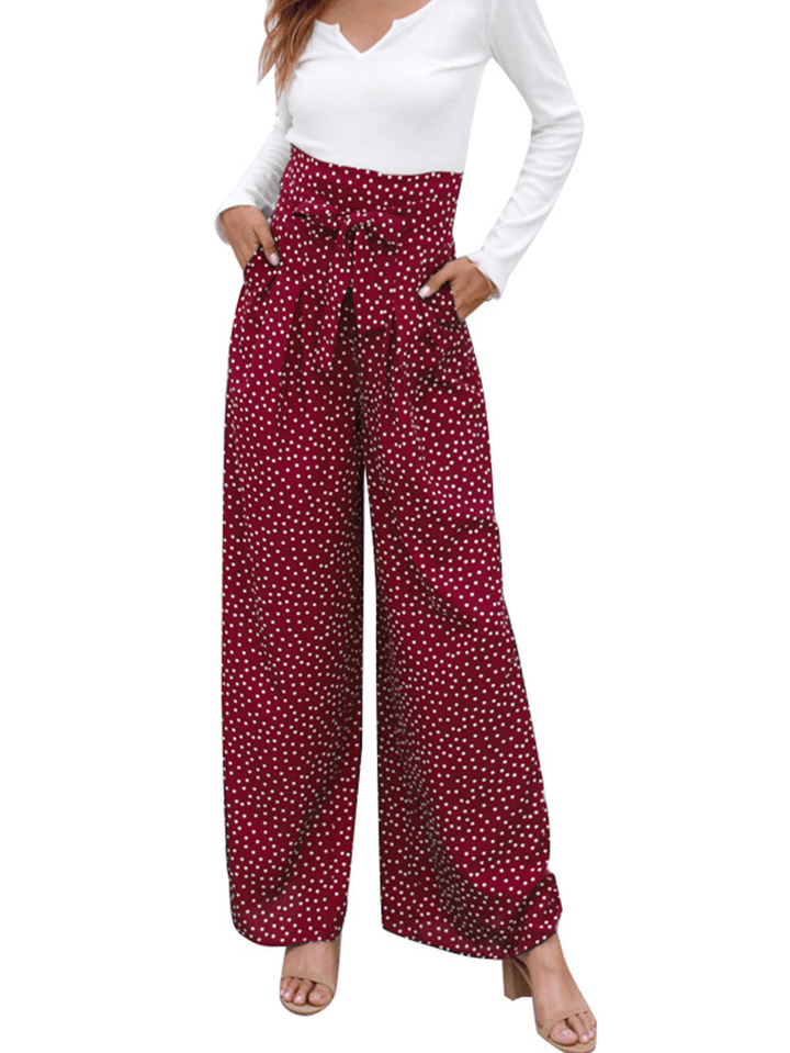 Casual Polka Dot Print High Waist Bow Wide Pants with Pocket