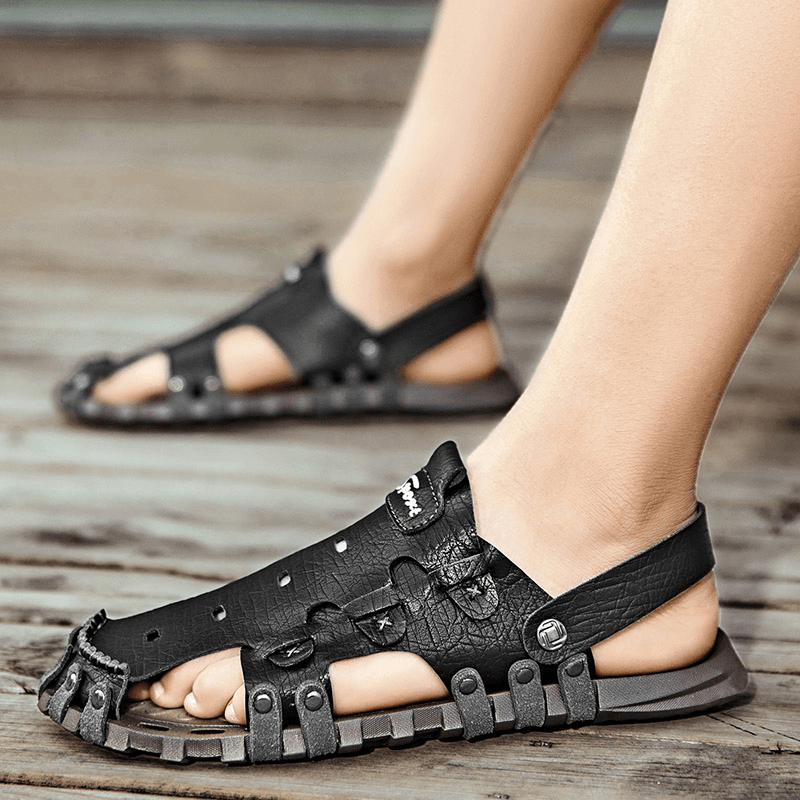 Men PU Sandals Two-Ways Breathable Closed Toe Casual Vintage Slippers