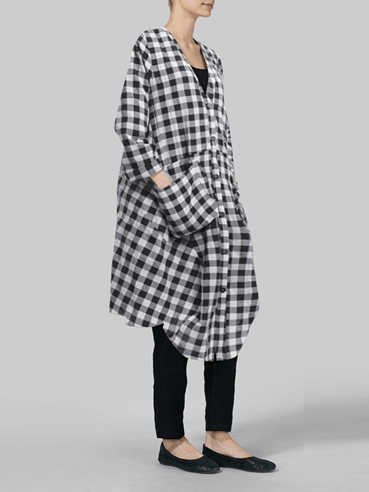 Women Casual Loose Plaid Long Sleeve Button Pockets Dress