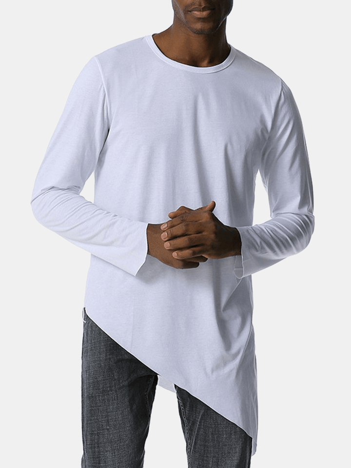 Mens Solid Color round Neck Long Sleeve Asymmetrical Hem Simple T-Shirts