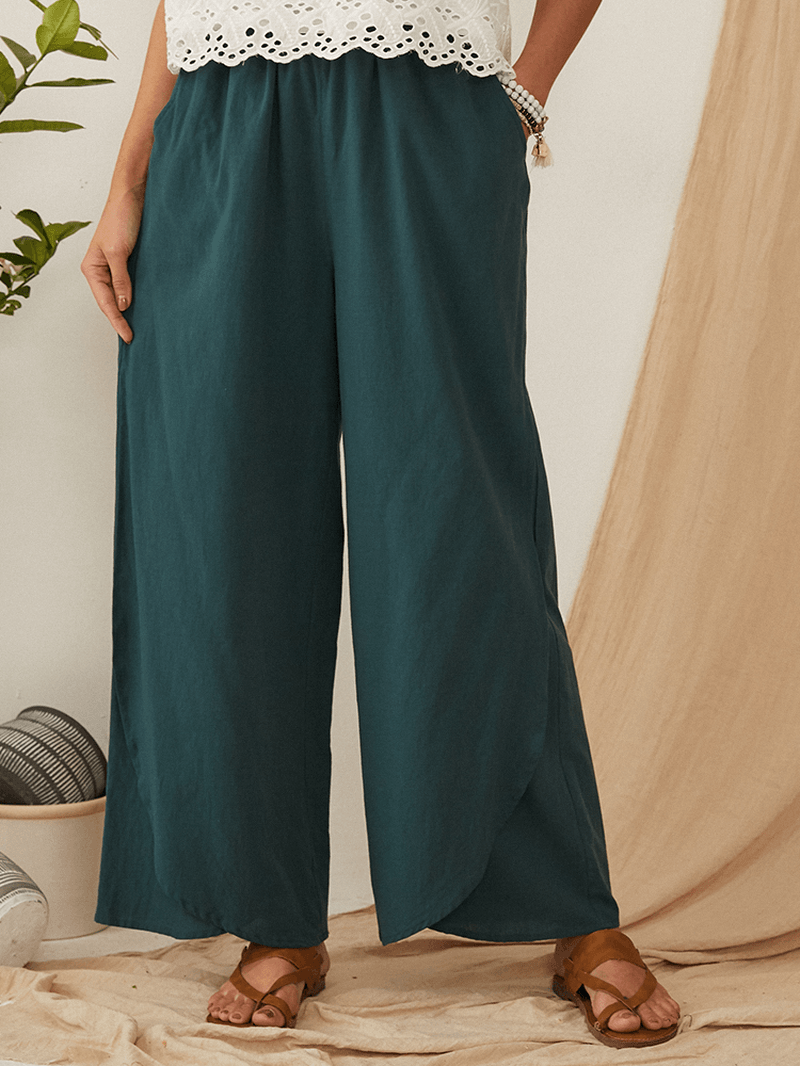 Casual Loose Elastic Waist Pocket Wide Leg Solid Pants for Women