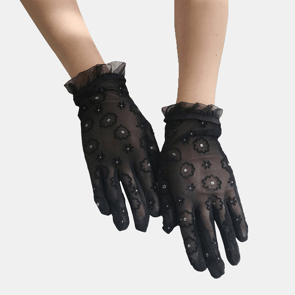 Women Flower Rhinestone Decorate Lace Gloves Fashion Fabric Sunshade Breathable Short Split Finger Gloves Full Finger Gloves