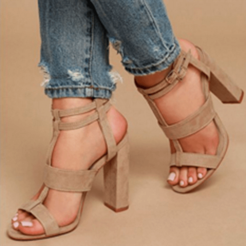 Women Summer Buckle Block Open Toe High Heels Pumps - MRSLM