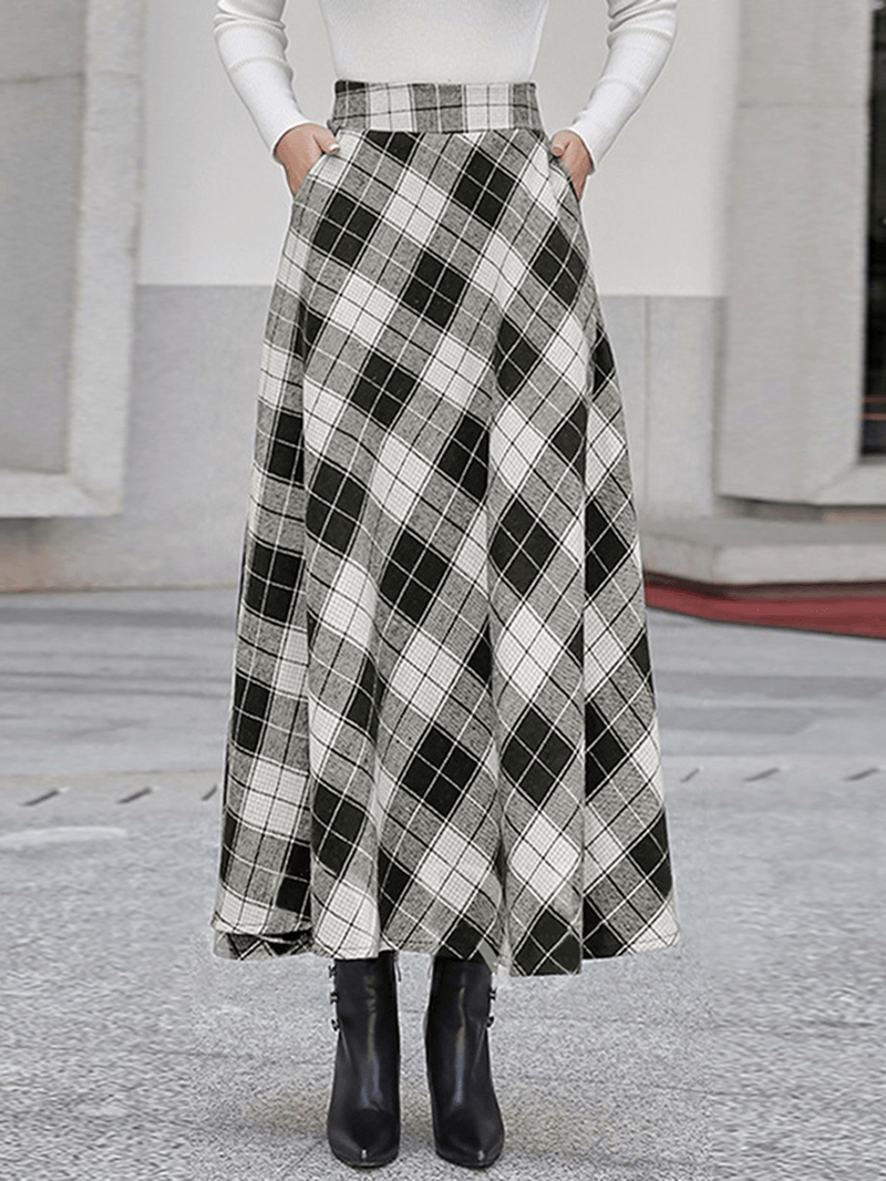 Women Plaid A-Line Vintage High Waist Skirts with Pocket