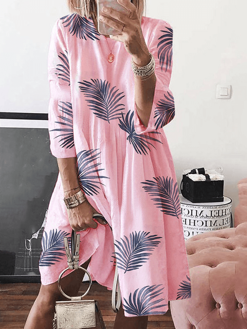 Women Floral Plant Print Long Sleeve Beach Holiday Loose Dress - MRSLM