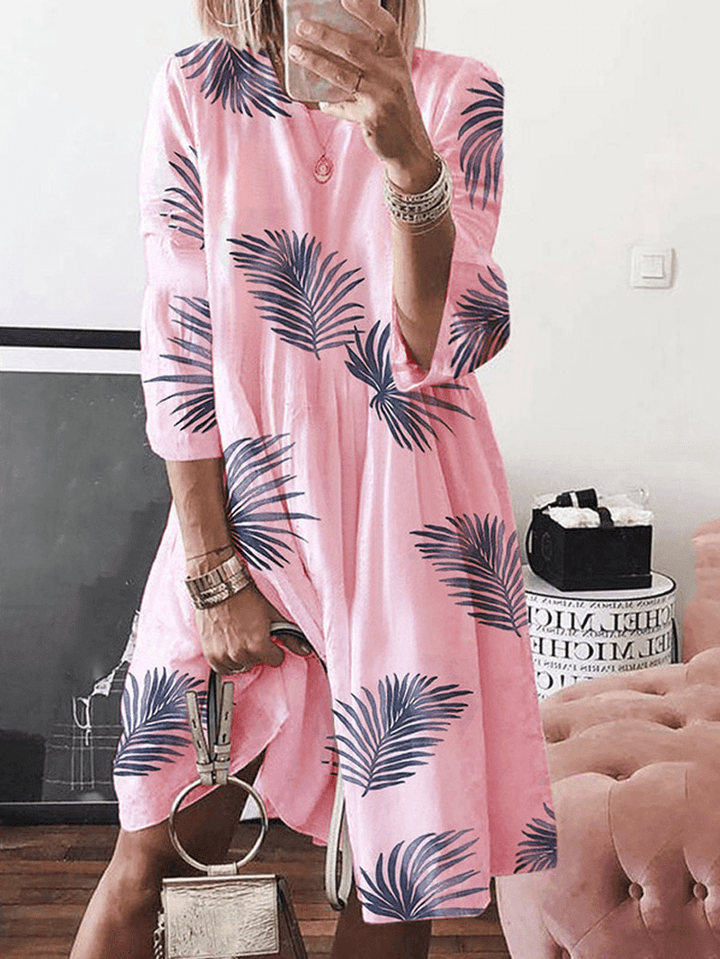 Women Floral Plant Print Long Sleeve Beach Holiday Loose Dress - MRSLM