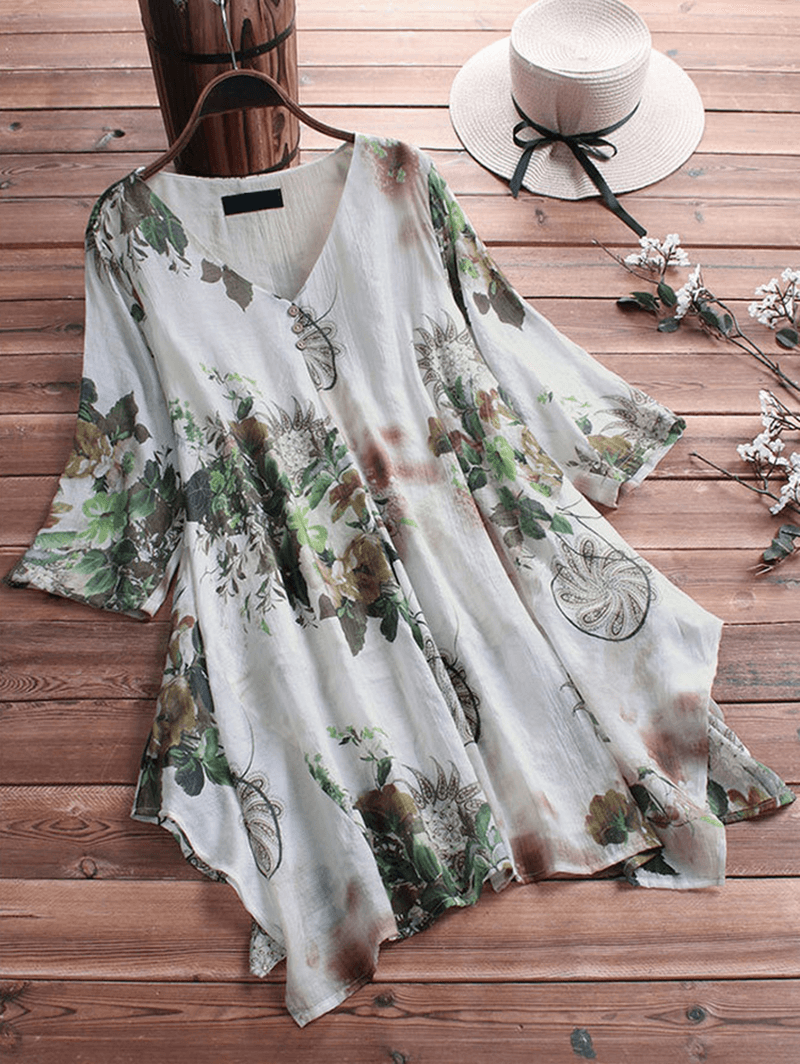 Women's Floral Printed Asymmetric Hem Blouse - Loose Fit, Retro Style