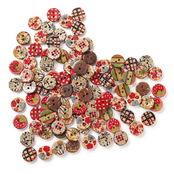 100 PCS round Pattern Wooden Button Mixed 2 Hole Natural Sewing Children Handmade Clothes Buttons