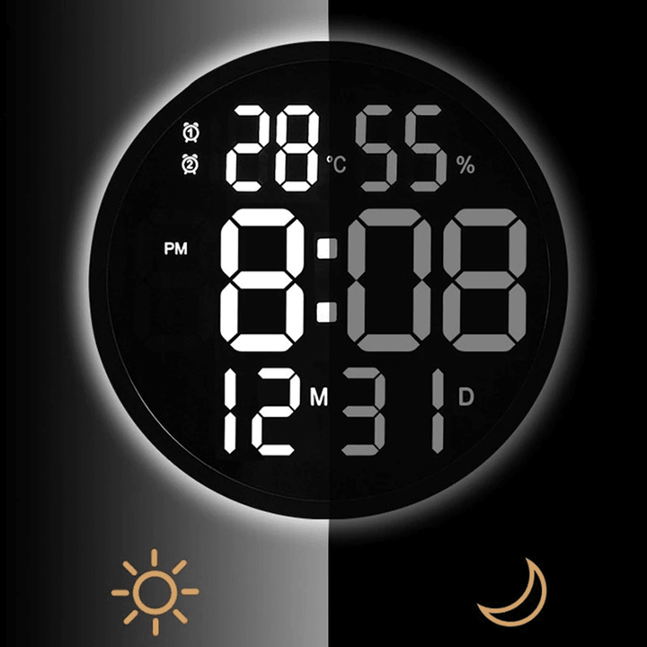 12 Inch LED Wall Clock Luminous Large Clock Mute Digital Temperature and Humidity Electronic Clock Modern Design Living Room Decoration