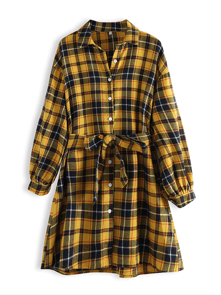 Chic Long Sleeved Lapel Belted Long Sleeve Plaid Shirt Dress for Women