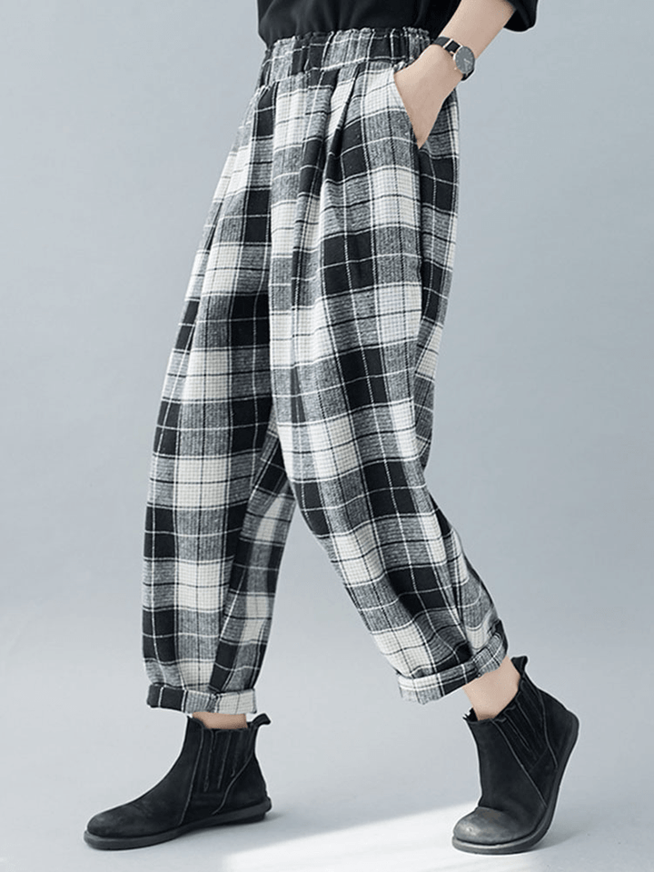 Women Plaid Color Block Elastic High Waist Side Pocket Harem Pants