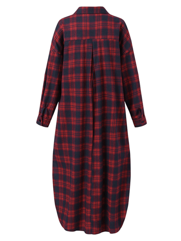 Women Plaid Retro Button Cuffs Split Side Pockets Lapel Long Sleeve Shirtdress Cardigan