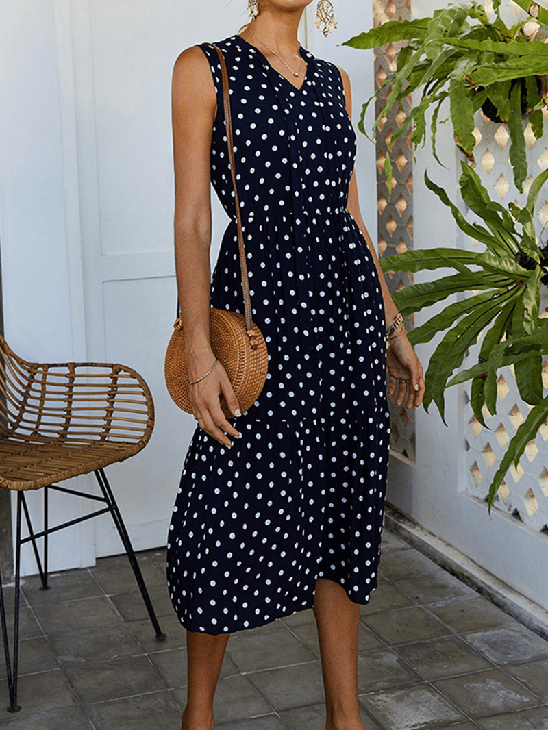 Polka Dot Print V-Neck Sleeveless Knotted Pleated Dress for Women