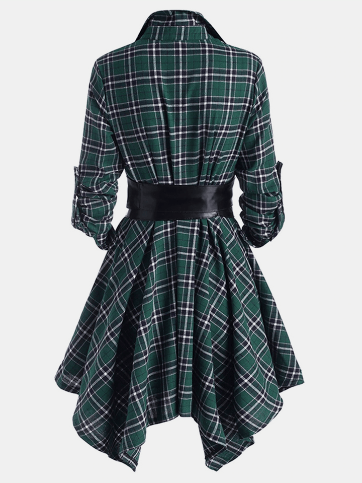 Women Classic Plaid Asymmetrical Shirt Dress with Belt