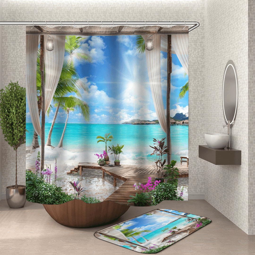 1/3Pcs Shower Curtain Set Bay Printing Toilet Cover Mat Bathroom Non-Slip Mat