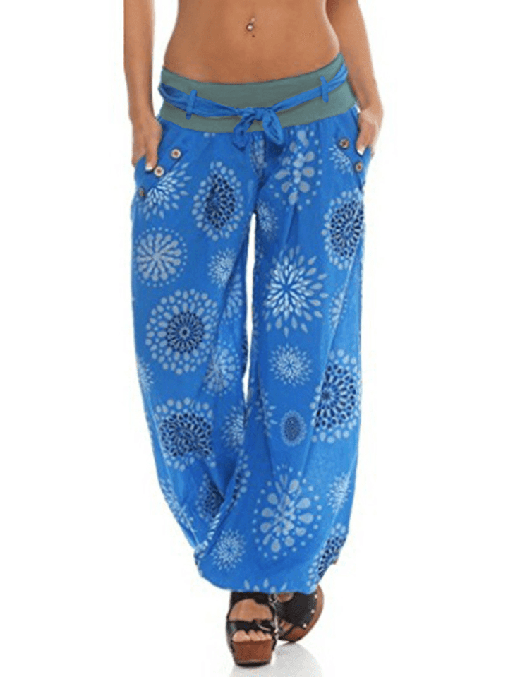 Printed Drawstring Elastic Waist Button Decorated Loose Jogger Pants