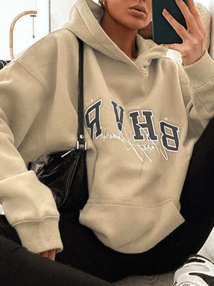 Women Letter Printing Velvets Kangaroo Pocket Cross-Border Warm Long-Sleeved Hooded Sweater - MRSLM