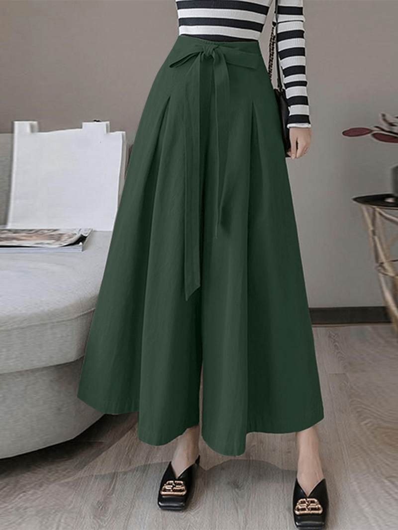 Women Solid Color Tie Front Casual Wide Leg Pants with Pocket