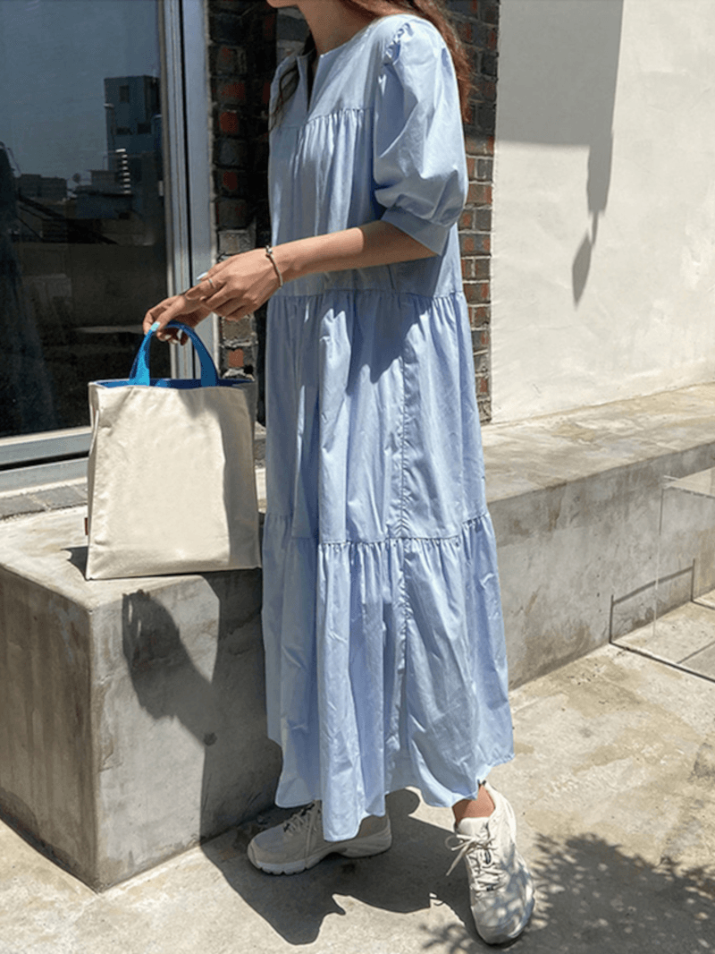 Pleated Tiered V-Neck Half Puff Sleeve Solid Color Casual Maxi Dresses for Women