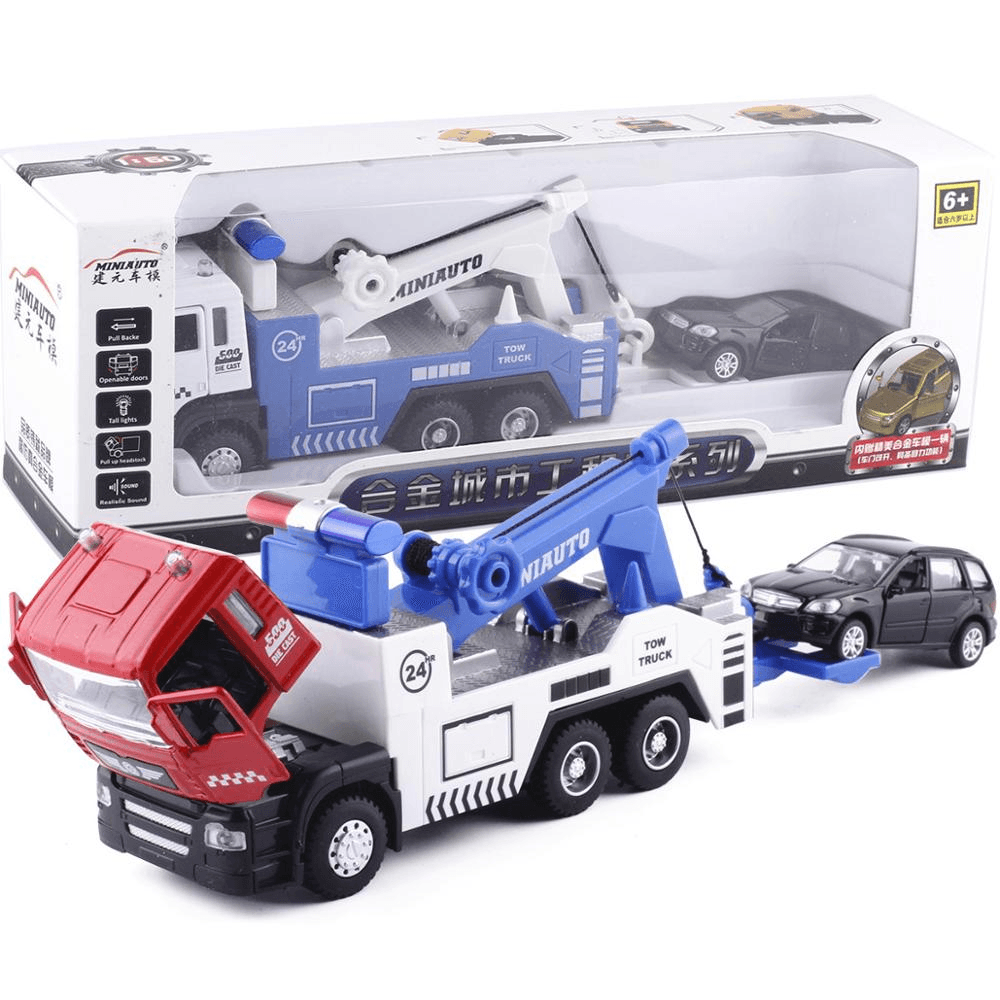 Flatbed Container Traffic Rescue Trailer Simulation Pull Back Alloy Car Model