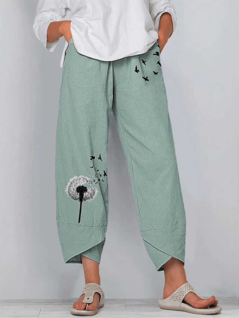 Butterfly Dandelions Flower Print Slit Hem Casual Pants with Pocket