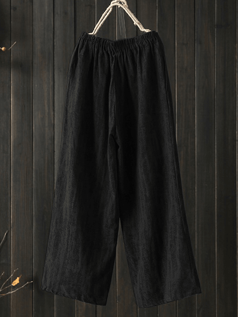 Women High Elastic Waist Loose Cotton Wide Leg Pants with Pockets