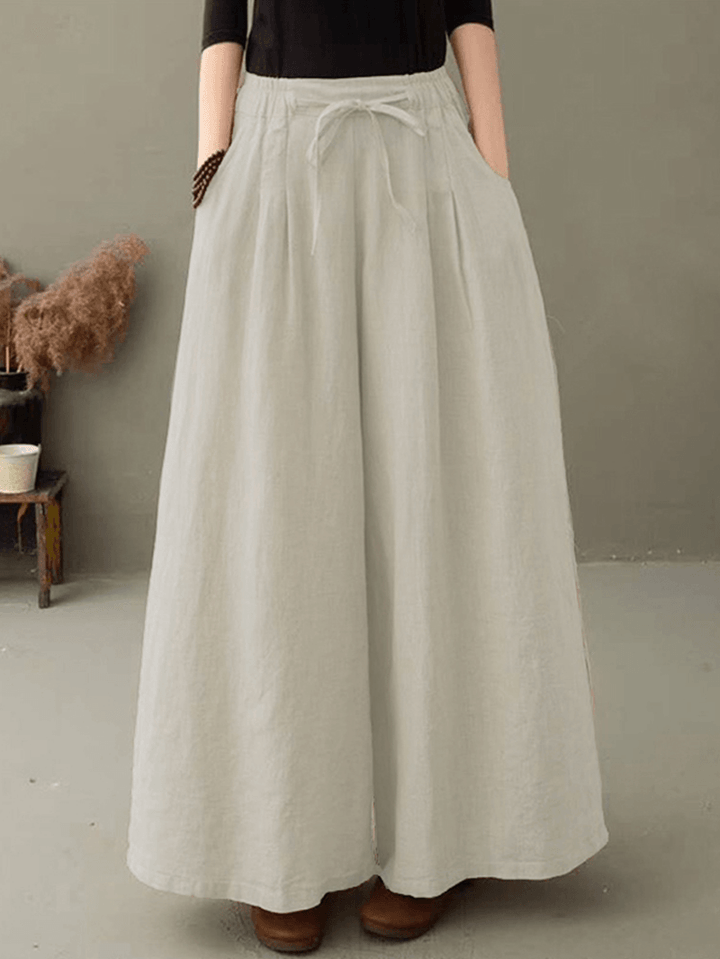 Women 100% Cotton Solid Color High Drawstring Waist Plain Casual Wide Leg Pants