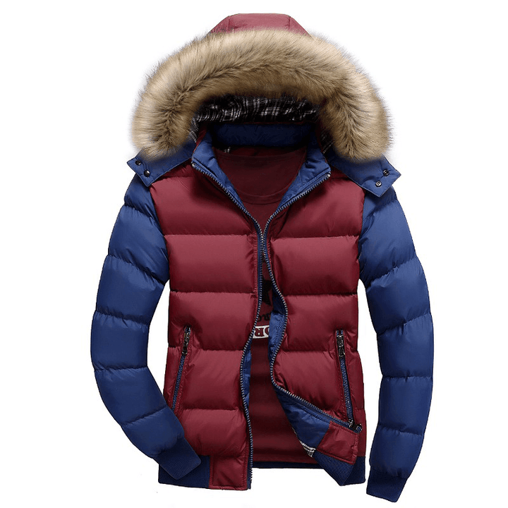 Mens Thick Warm Coat Color Splicing Detachable Hooded Puffer Jacket - MRSLM