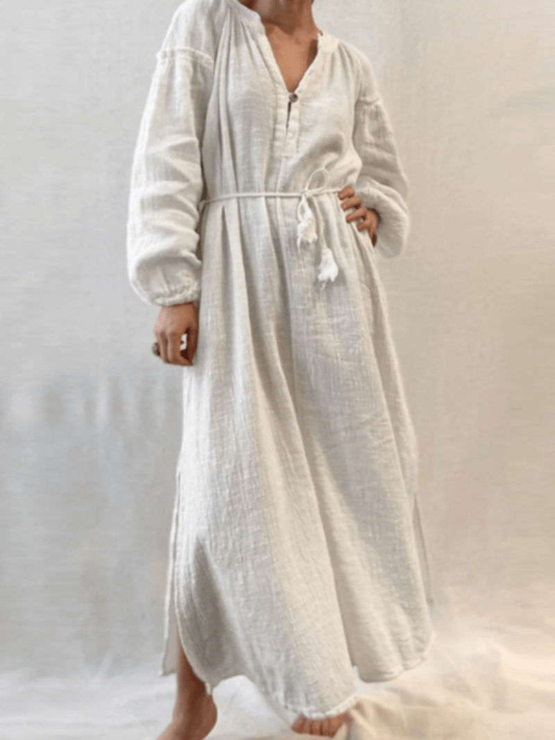 Solid Color O-Neck Puff Sleeves Lace up Split Hem Button Belted Casual Maxi Dress