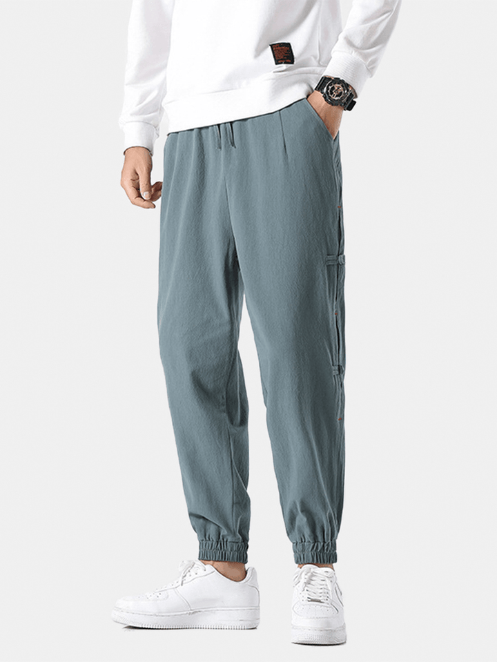 Mens Frog Button Side National Style Solid Drawstring Elastic Cuff Pants