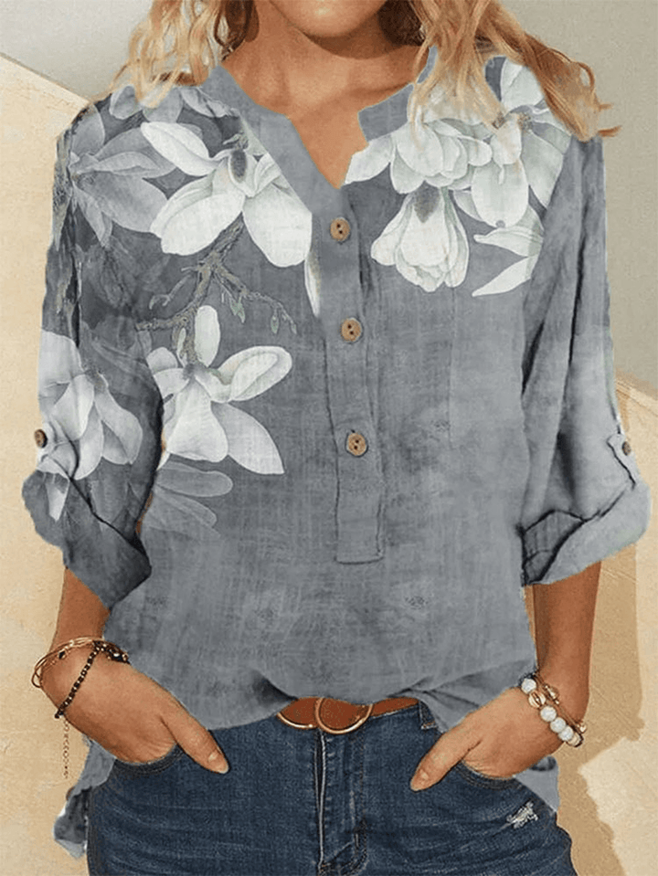 Women Cotton Floral Embroidery Casual Stand Collar Shirt - MRSLM