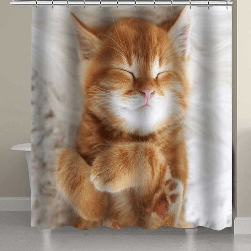 Cat Printing Waterproof Bathroom Shower Curtain Toilet Cover Mat Set - MRSLM