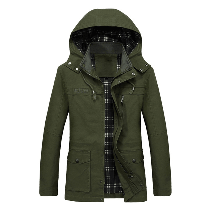 Mens Windproof Drawstring Hood Cargo Cotton Jacket