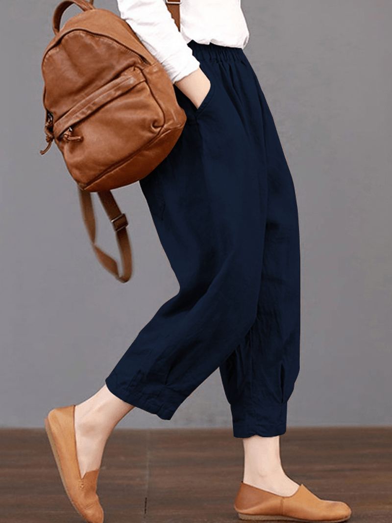 Women Solid Color Elastic Waist Loose Cotton Pants