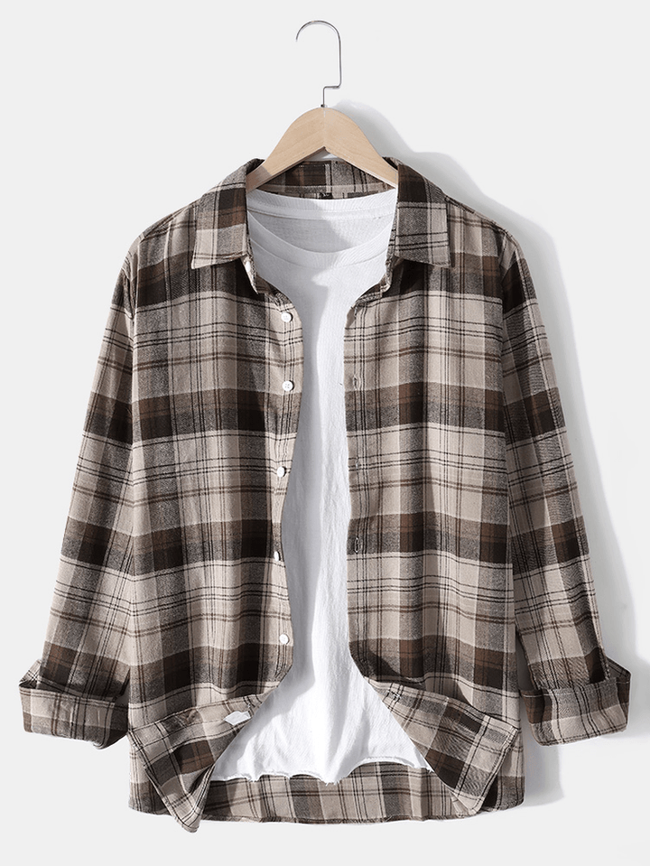 Mens Cotton Plaid Lapel Button up Long Sleeve Shirts