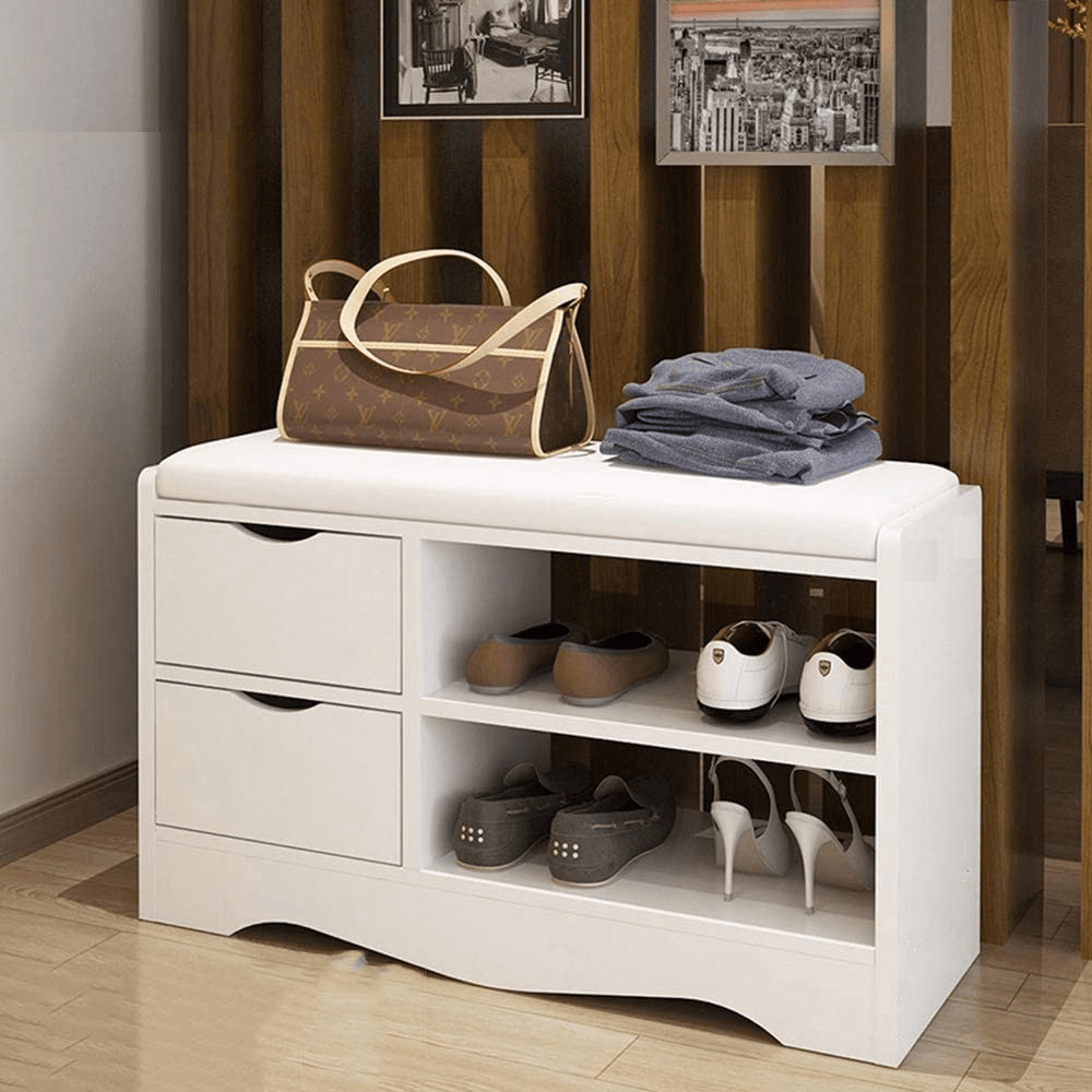 2 Layers Shoe Rack Shoes Bench Storage Cabinet Shoe Organizer Multifunctional Wooden Seat Stool with 2 Drawers