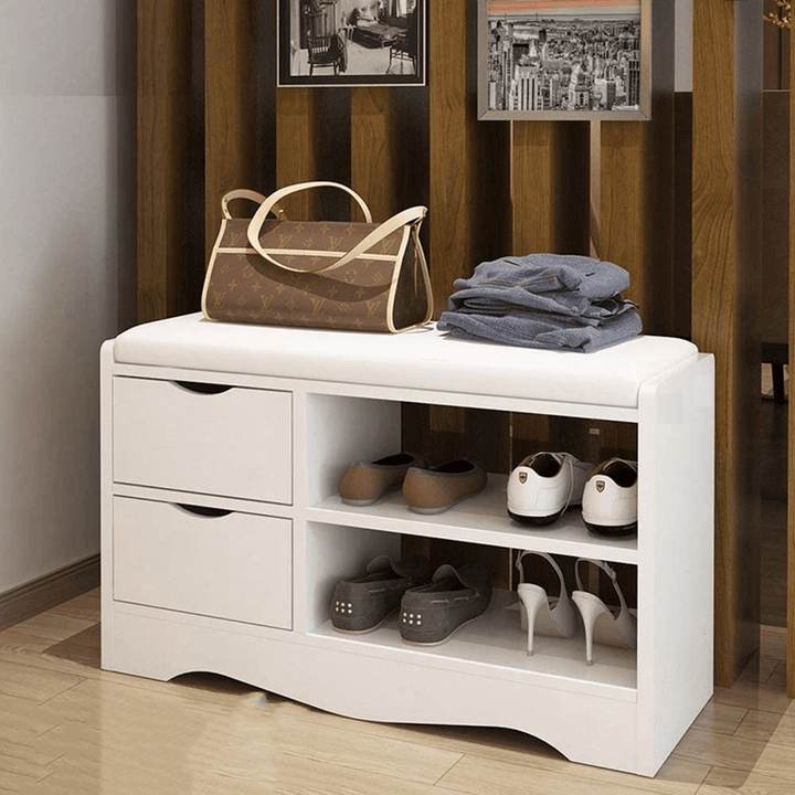 2 Layers Shoe Rack Shoes Bench Storage Cabinet Shoe Organizer Multifunctional Wooden Seat Stool with 2 Drawers