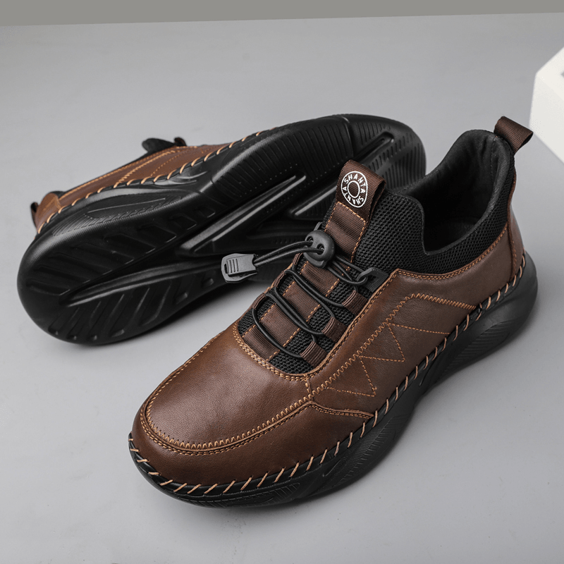 Comfy Cowhide Leather Sport Shoes for Men: Lightweight & Soft with Elastic Band Closure