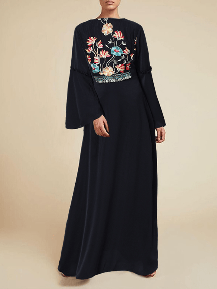 Floral Embroidery Lace Patchwork Flare Sleeve Back Zipper Bohemian Maxi Dress for Women