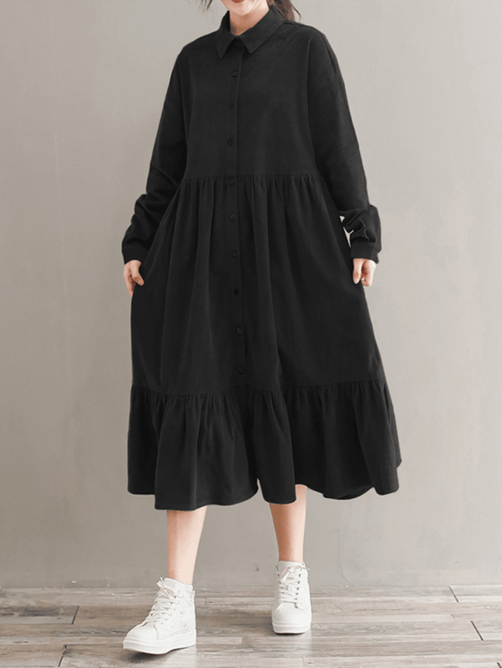 Women Corduroy Casuallace-Up Ruffles Hem Loose Full Sleeve Mid-Calf Length Midi Dress - MRSLM